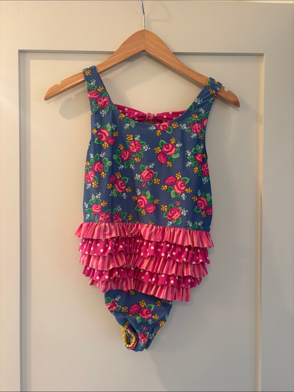 Matilda Jane Blue Floral One-Piece Swimsuit with Pink Ruffle Skirt